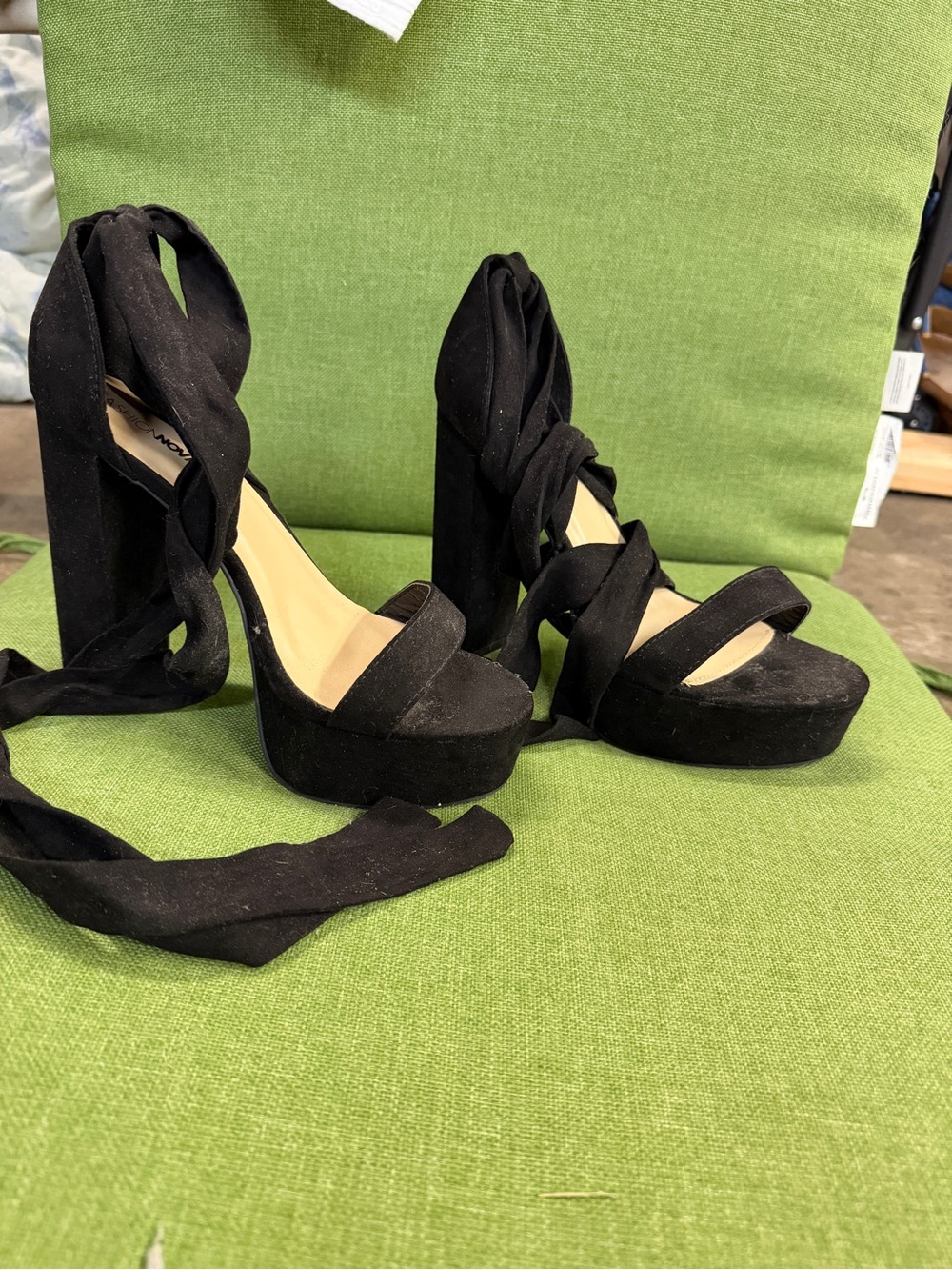 Fashion Nova Black Suede Wrap-Around Platform Heels